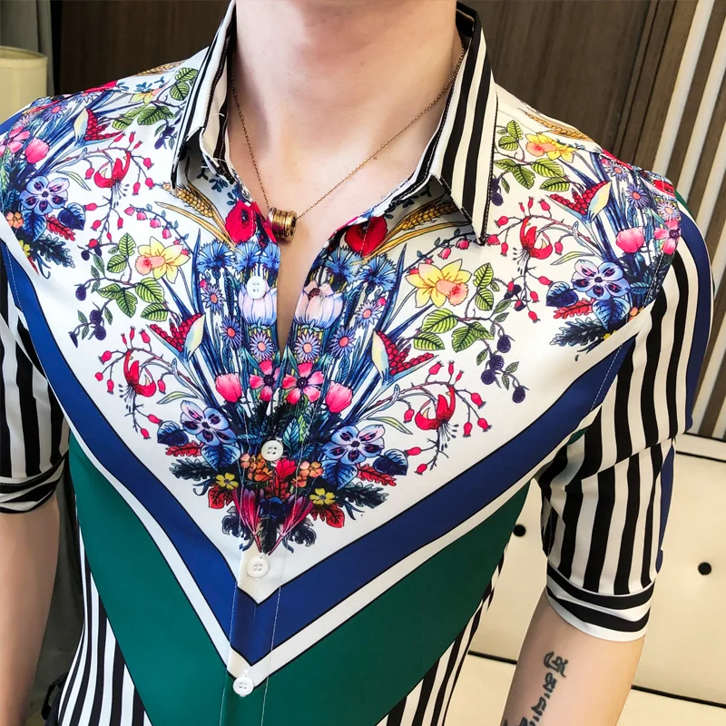 

2020 Striped Summer Print Men Shirt Fashion Casual Slim Fit Shirts Men Dress Blusa Streetwear Social Clothes Camisa Masculina