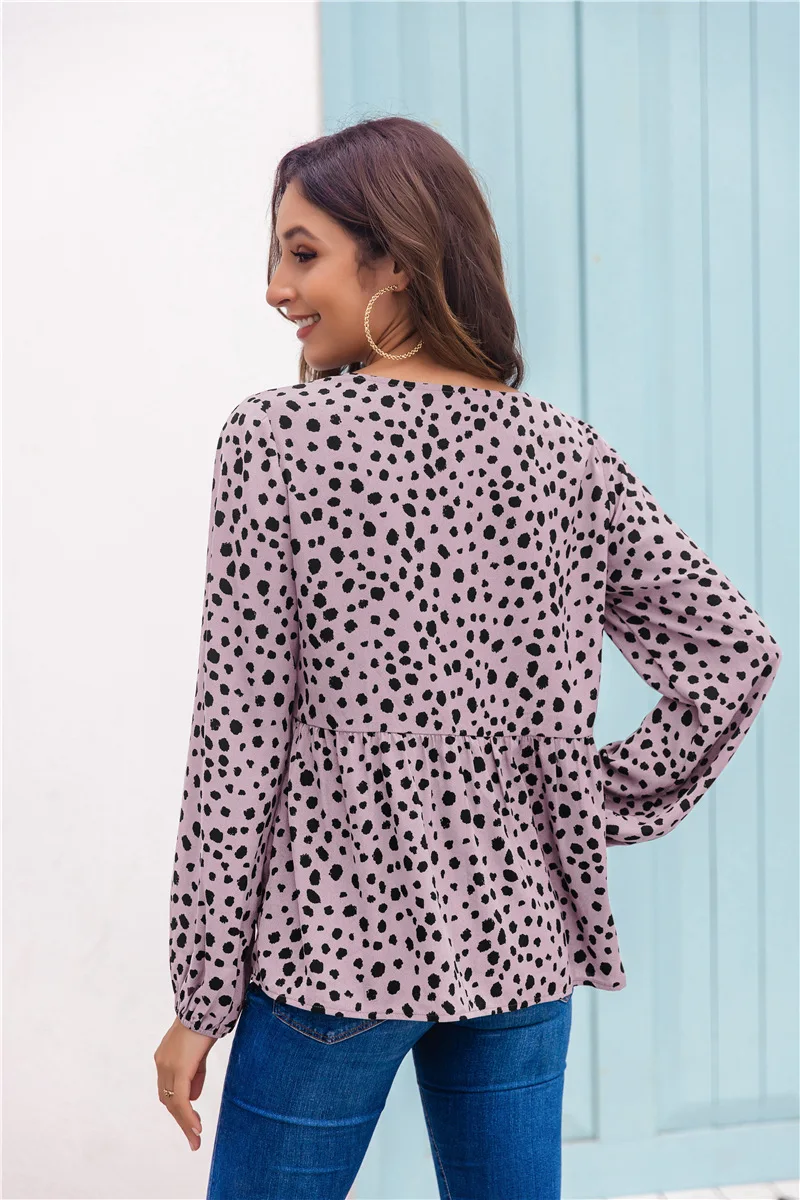 

Women's Tops Spring Long Sleeves New Small Shirts V-neck Tops Women Pink Leopard Shirt