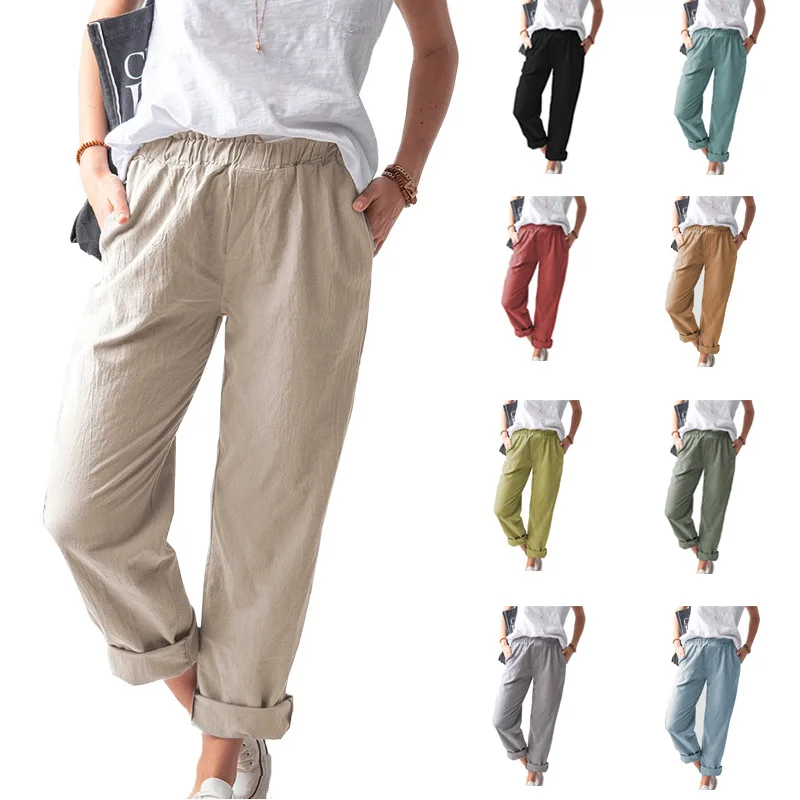 

2021 Women's Summer New Pure Color Leisure Elastic High Waist Straight Pants