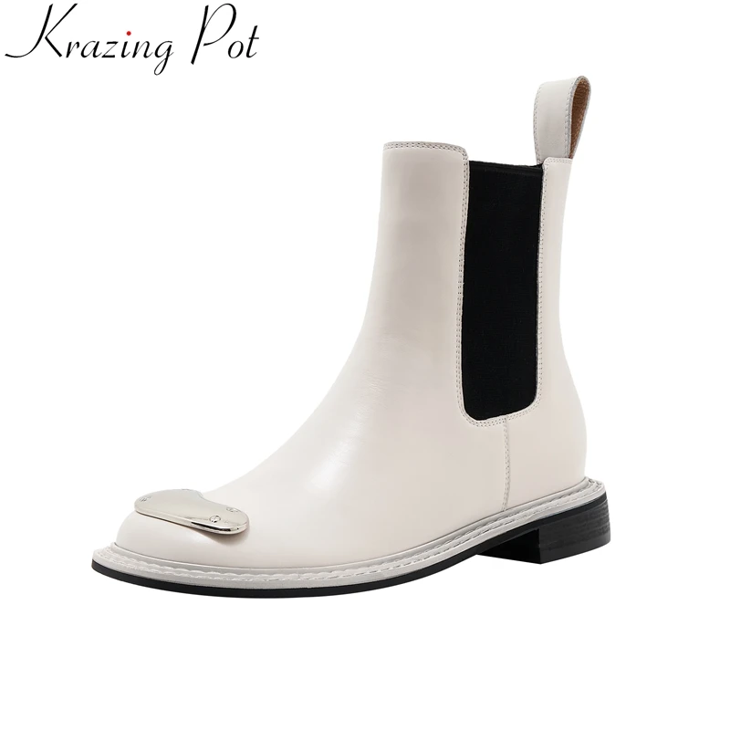 

Krazing Pot INS big size cow leather med heels round toe Chelsea boots warm winter shoes slip on concise office lady ankle boots