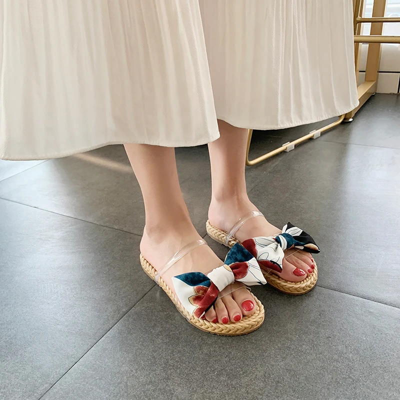 

Slippers Women Summer Bow Knot Sandals Slipper Indoor Outdoor Ladies Flip-flops Beach Shoes Female Fashion Floral Flat Sandals