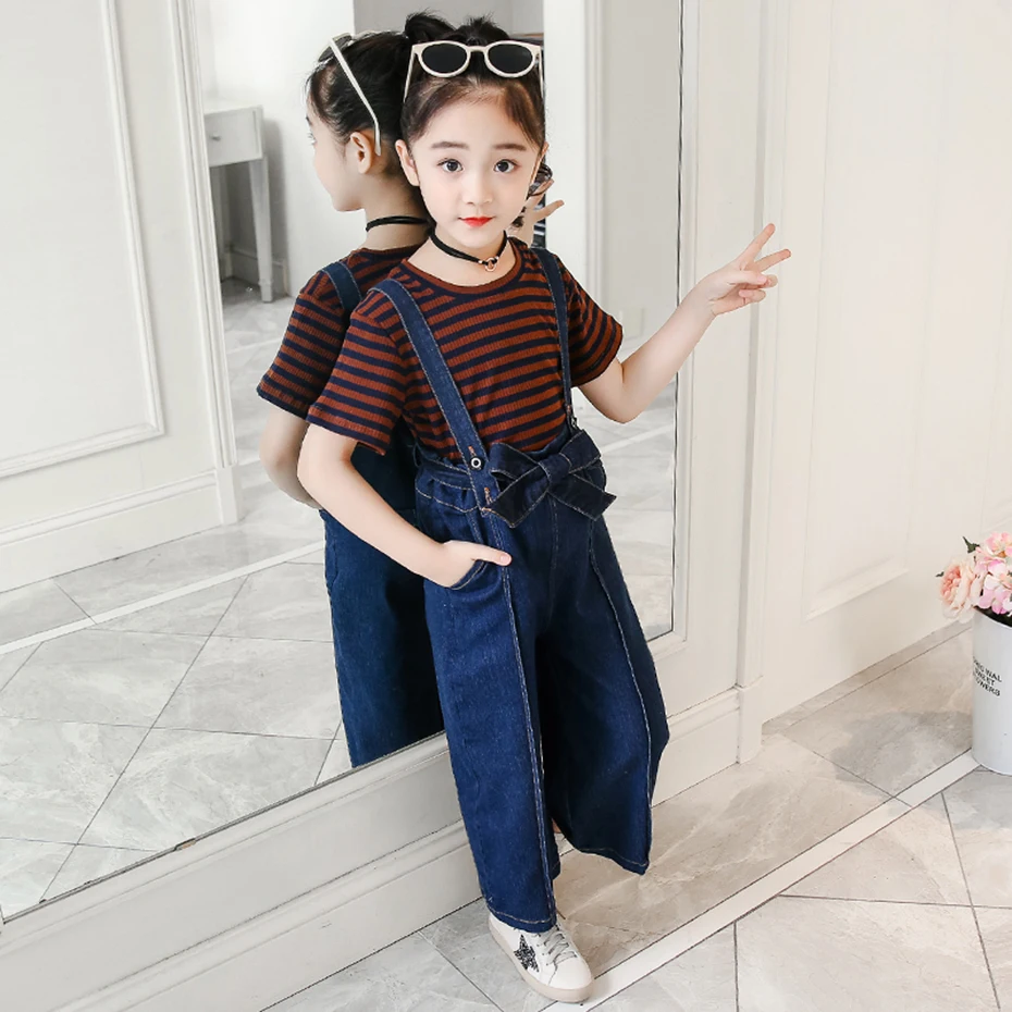 Одежда для девочек футболка в полоску + комбинезон комплект джинсовые свободные