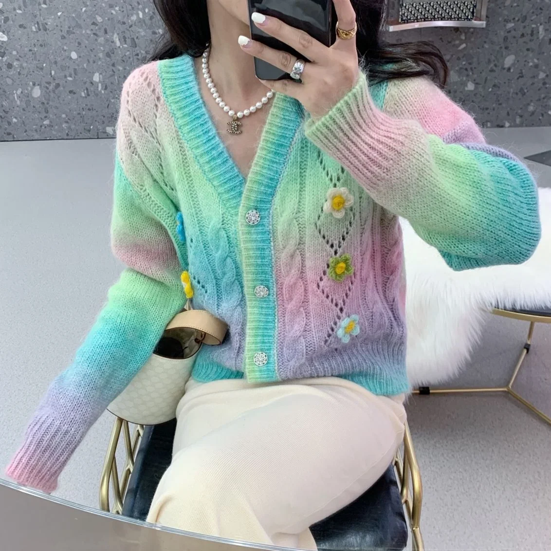 

3D Flowers Rainbow Color Striped Knit Cardigan Twist Crocheted Sweater Coat Single-breasted Hooked Knitwear Jacket Tops 2021