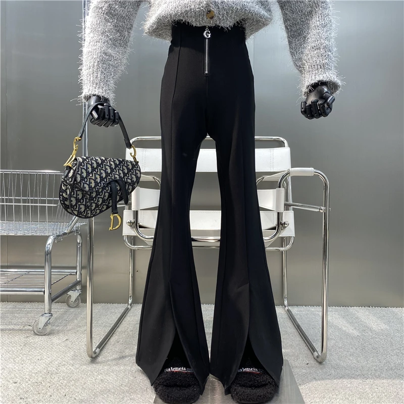 

New Brand Original Design High Waist Zipper Black Casual Pants 2021 Slim Fit And Versatile Slit Floor Flare Trousers