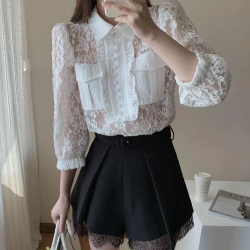 

2021 Woman White Black Lace Shirts
