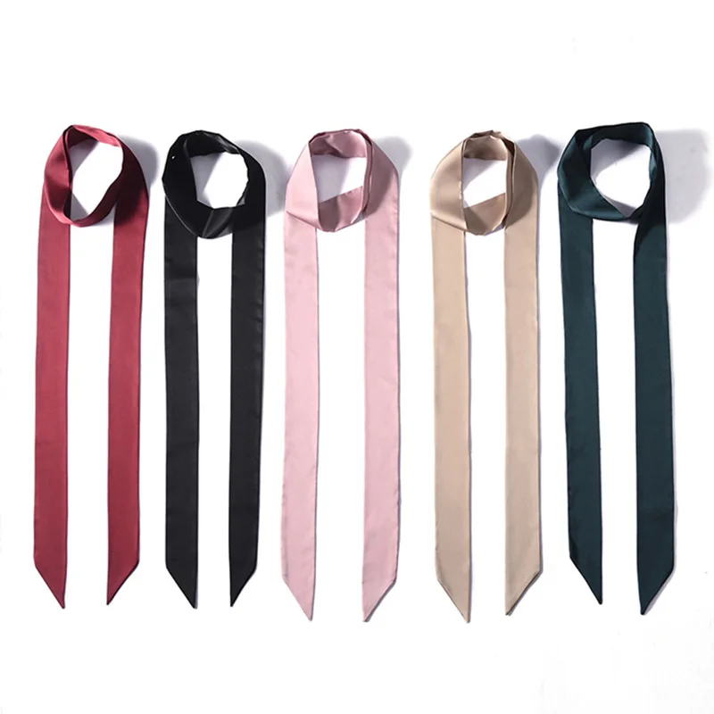 Korean solid color long silk scarf female summer satin Multifunction Headband Tied bag floating neck scarf ribbon belt M14