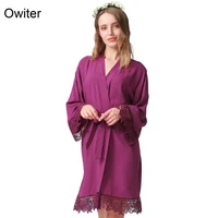 owiter women rayon cotton kimono lace robes wedding solid bride trim party bridal robe short belt bathrobe 15 color gown