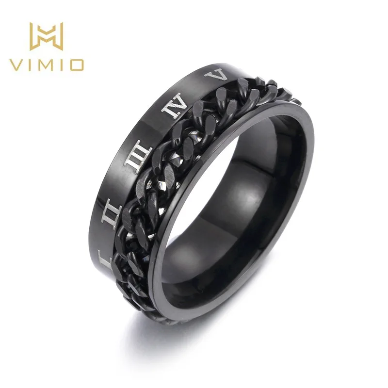 

VIMIO Men's 8MM Stainless Steel Spinner Chain Worry Ring Roman Number Meditation Band Gold Black Male Jewelry Anel Aneis