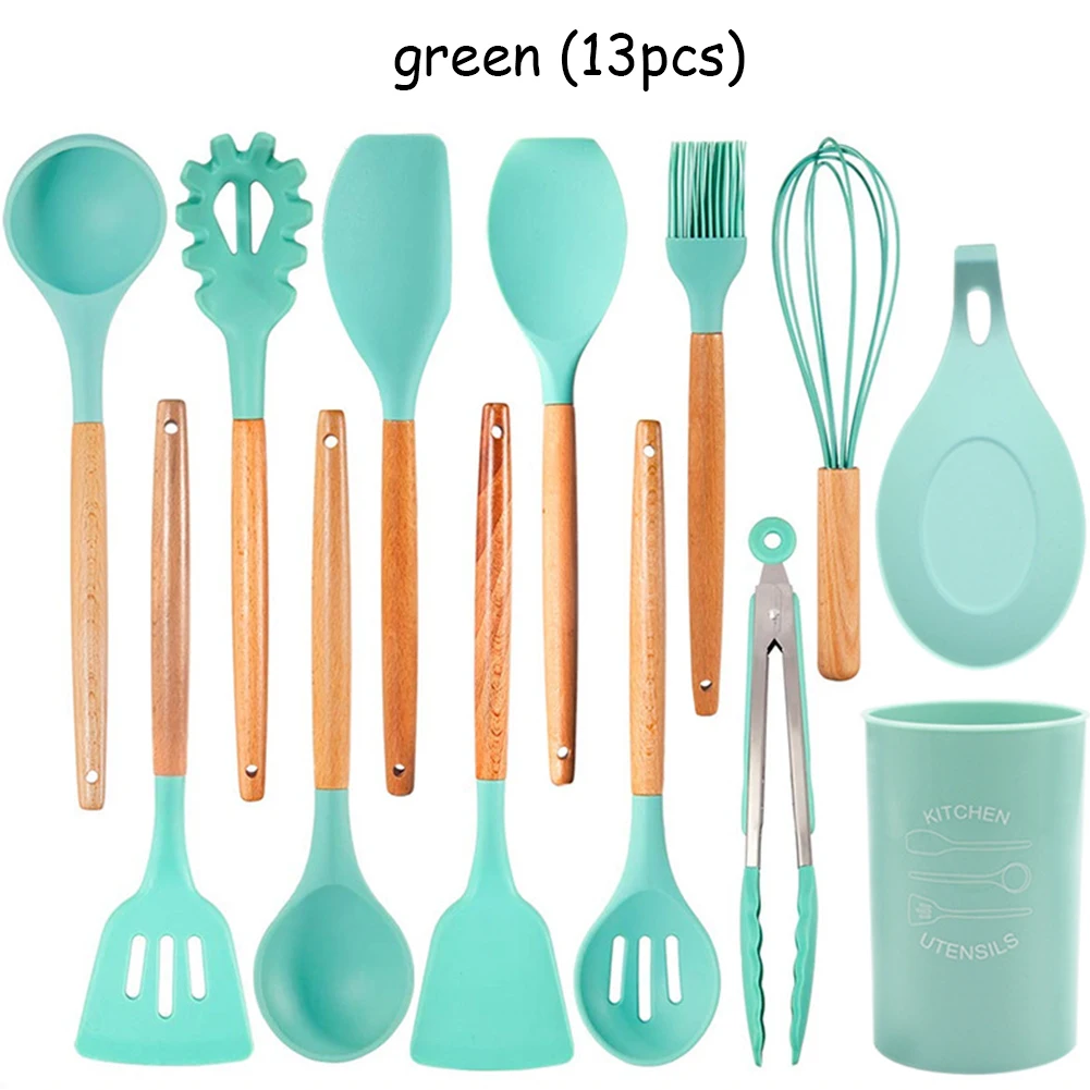 Light Green 13Pcs Антипригарная силиконовая кухонная утварь Пособия по кулинарии инструменты Кухня набор посуды с бамбуковыми ручками по Пособия по кулинарии инструмент не токсичный Кухня гаджеты 9/10/12 шт - Color: Light Green 13Pcs