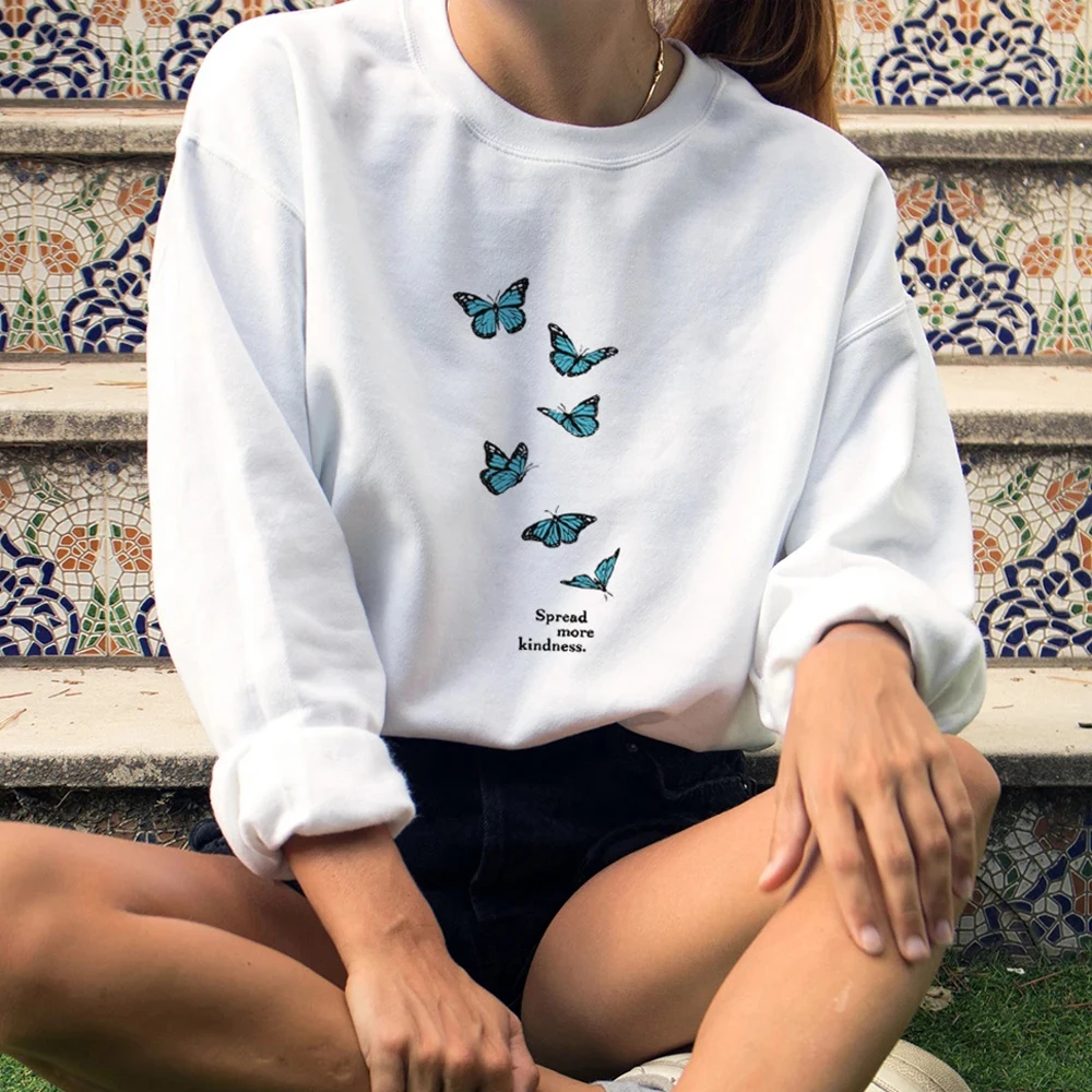 

Spread More Kindness Colored Printed Sweatshirt Women Long Sleeve Christian Sweatshirts Retro Blue Butterflies Graphic Pullovers