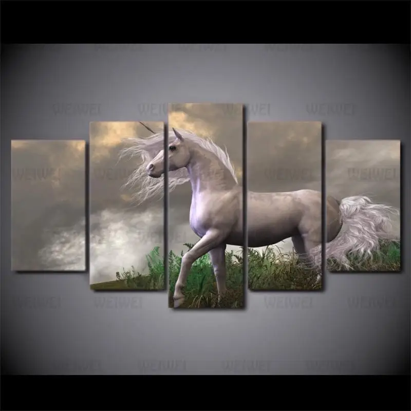 

Canvas Painting White Horse On The Grass with Dark Clouds Home Wall Decoration Poster Use In Bedroom and Living Room Wall Art