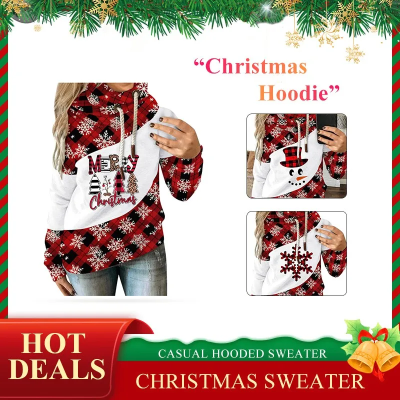 

Christmas Winter Ladies Splice Tops Women Casual Long Sleeve Hoodies Vintage Christmas Printed Lady Jumper Pullover Sweater Coat