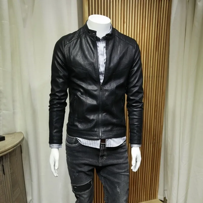 Модные корейские однотонные облегающие мужские Куртки из искусственной кожи со