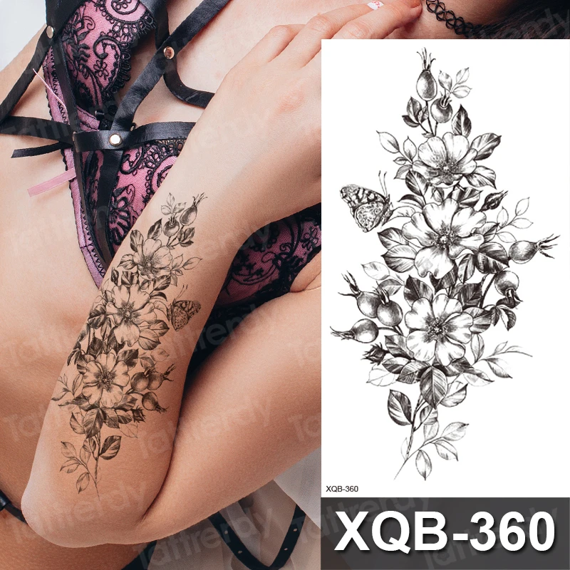 

Temporary tattoo rose flower peony butterfly waterproof black henna tatoo fake sexy forearm tattoos for women men sketch flowers