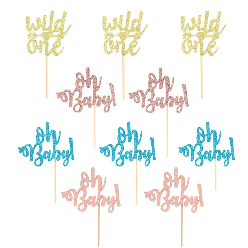 

10pcs Oh Baby cake toppers wild one Cupcake Topper Kids 1st Birthday Party Boy Girl Baby Shower Gender Reveal Decoration