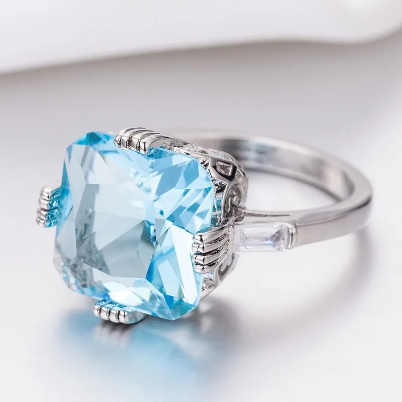 

Women's 925 Silver Light Sea Blue Topaz Square Diamond Aquamarine Ring Engagement Wedding Gift Jewelry