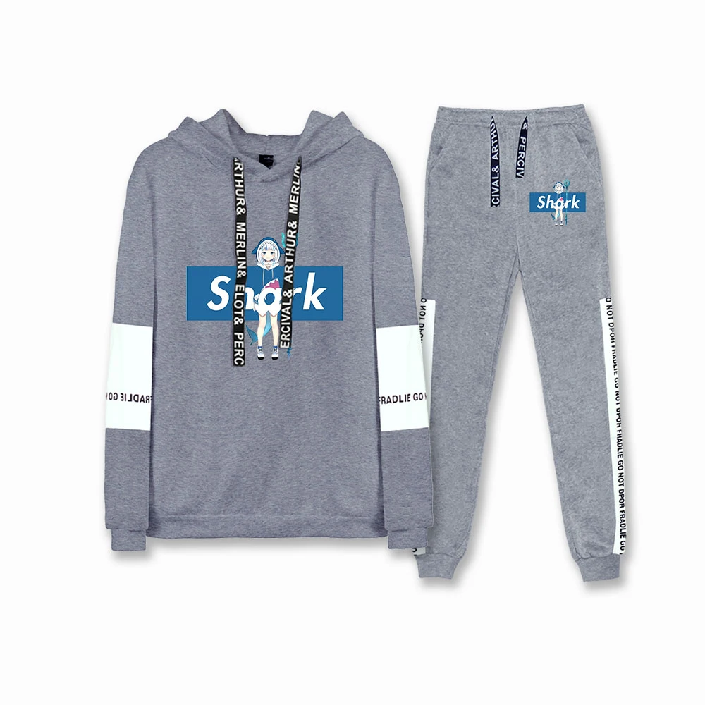 

Gawr Gura Little Shark Japanese Stylish Cool Raglan Sweatshirt Suit Harajuku Winter Casual New Hoodies+Long Pants Sport Set