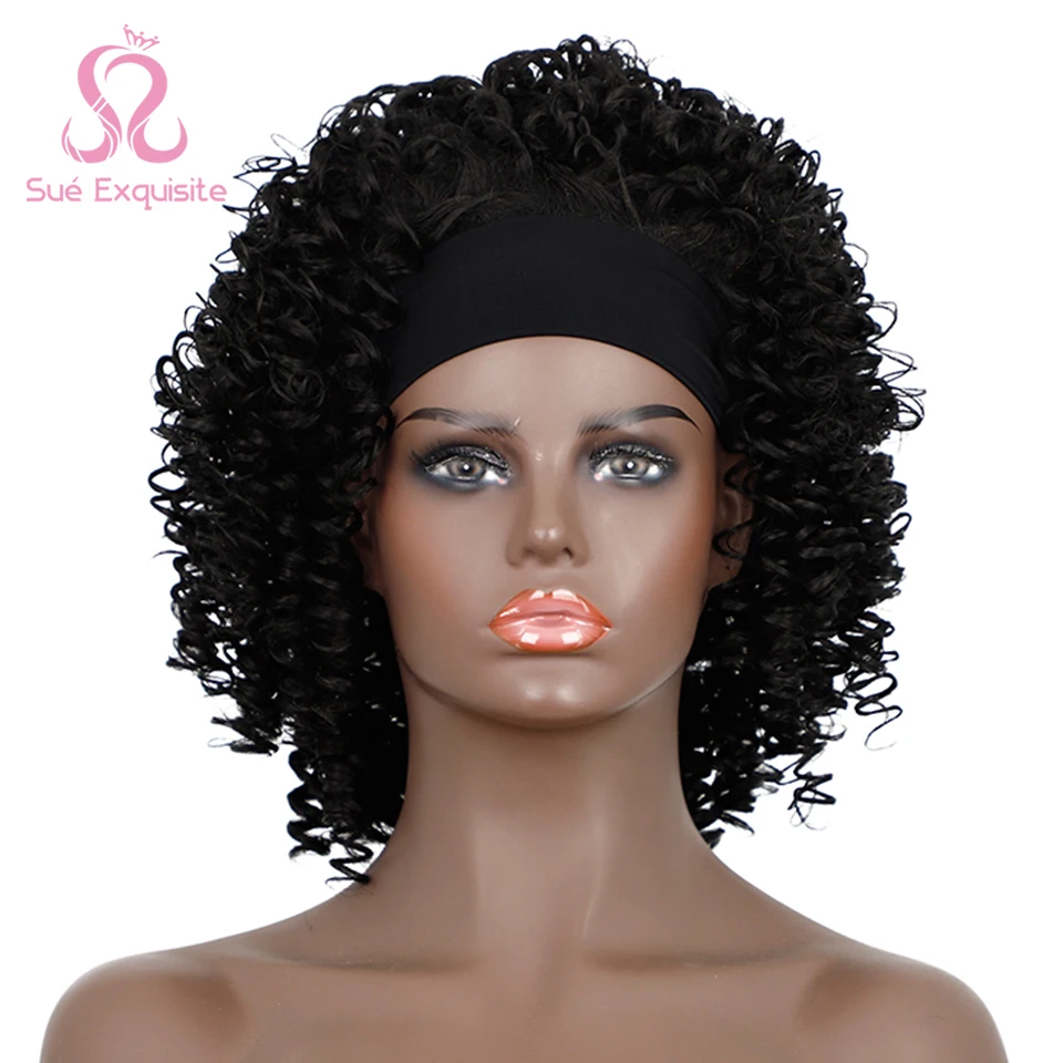 

SUe EXQUISITE Synthetic Deep Wave Wigs with Head Wraps Short Bob Curly Headband Wigs for Black Women Kinky Curly Head Band Wig
