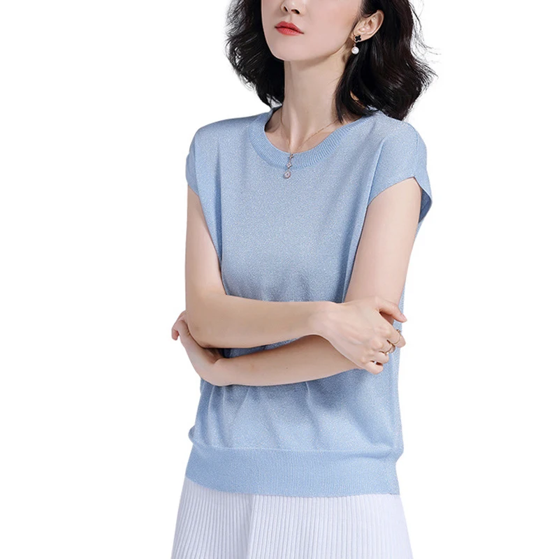 Las nuevas mujeres camisetas sin mangas de punto Mujer Slim Fit camisetas mujeres, Color brillante Bling cuello redondo de moda elegante Tops estilo nórdico