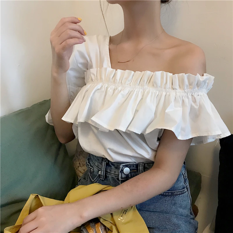 

Korean sexy strapless flared sleeve shirt summer solid color short-sleeved ruffled blouse women camisa mujer verano