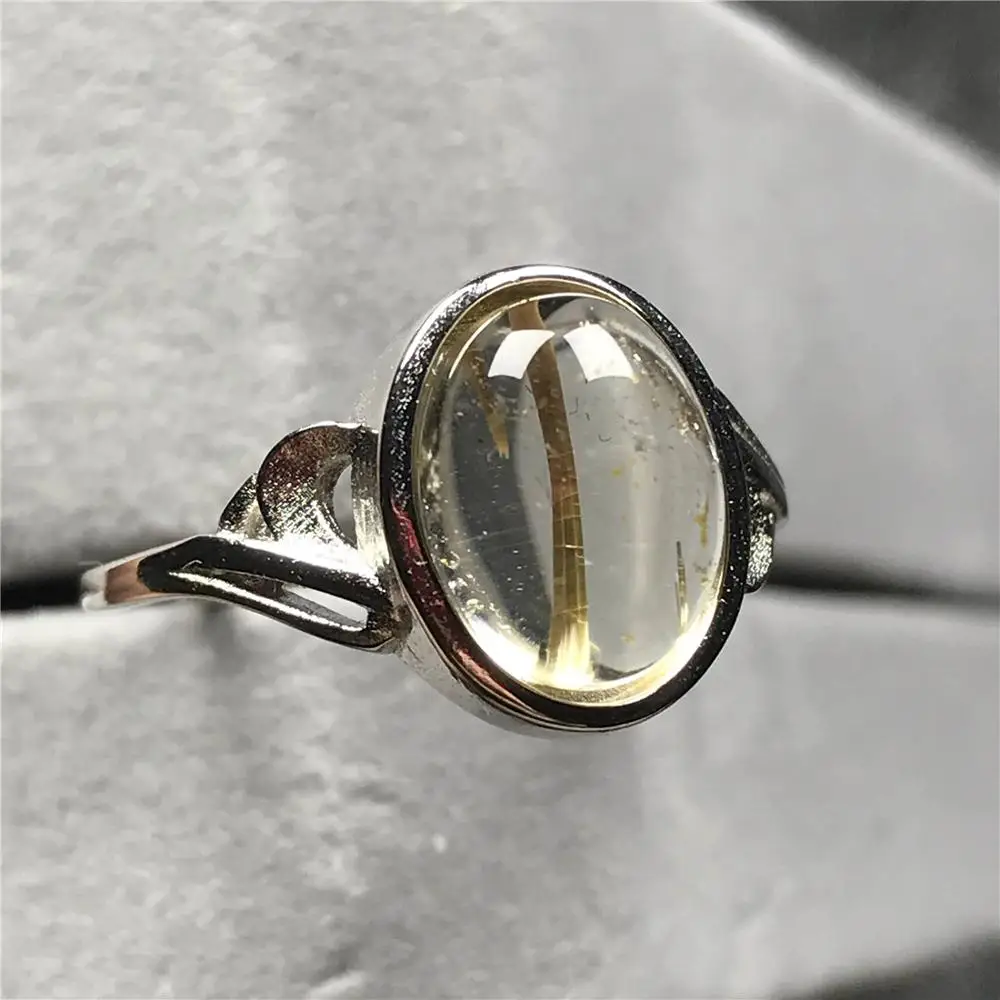 

100% Natural Gold Rutilated Quartz Ring For Woman Man Crystal Lucky 12x10mm Beads Silver Gemstone Adjustable Ring Jewelry AAAAA