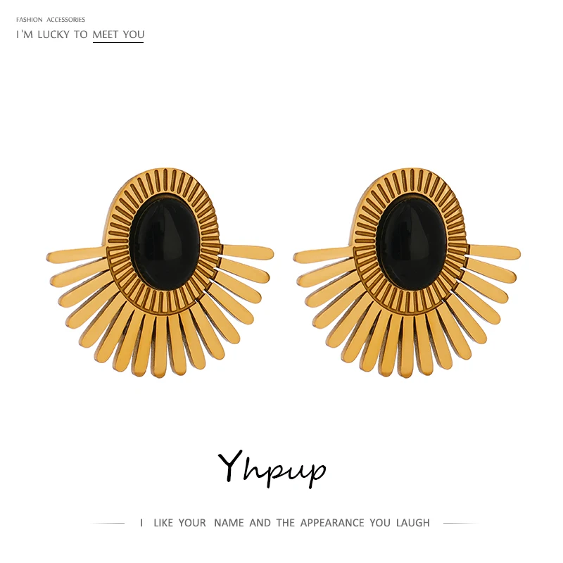 

Yhpup Stainless Steel Black Stone Ear Clip Earrings Statement Golden Metal Sun Flower Earrings for Women Bijoux Femme Gala Gift