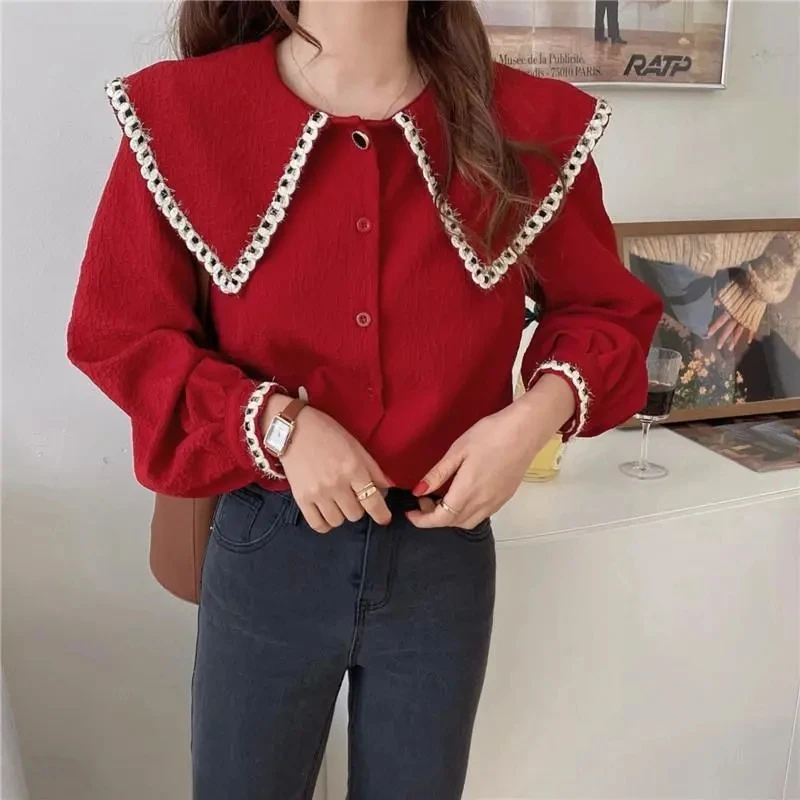 

Red Button Up Shirt Korean Black Big Sharp Turn Down Collar Blouse Women Tops Fall Work Clothing Office Lady Shirts Blusas Mujer