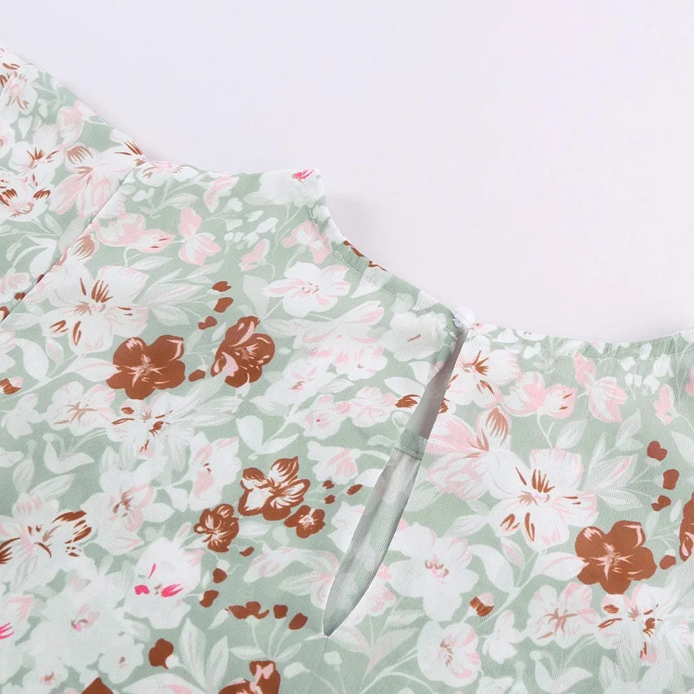 

Western Style Fashion Blouse Spring Summer Casual Designer Creative Simple Thin Chiffon Printing Ruffle Round Neck 2021