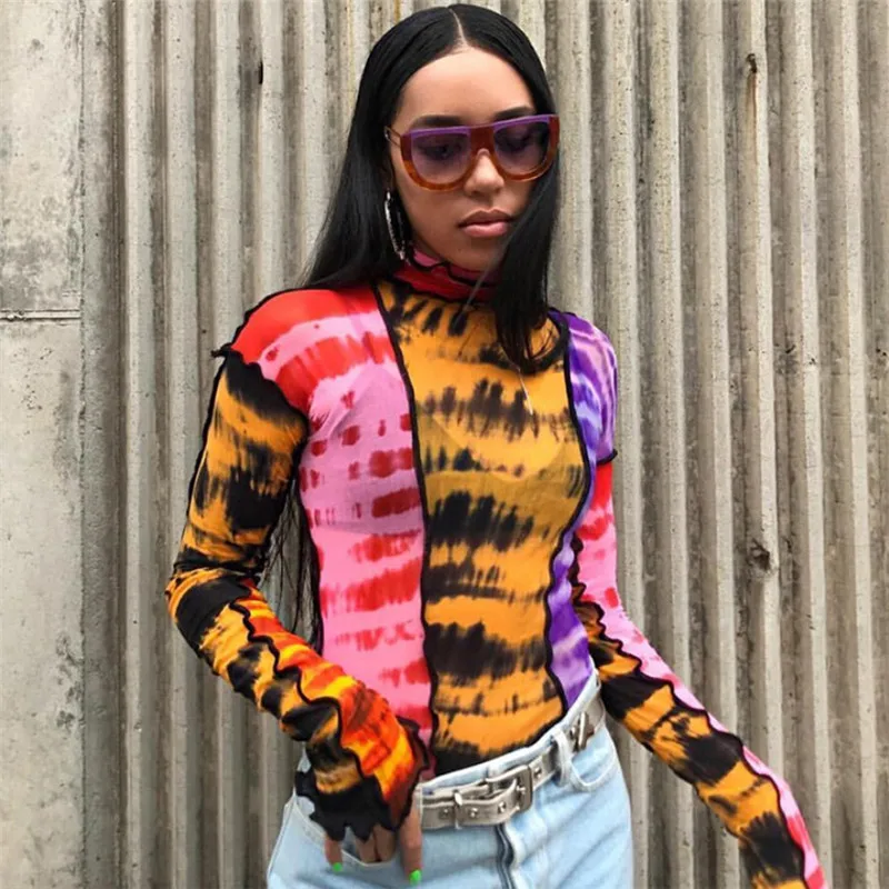 

Fashion Mixed Color Patchwork Turtleneck Blouse Women Summer Long Sleeve Tops Ladies Ruffled Tie Dye Tops Female Party Club Wear