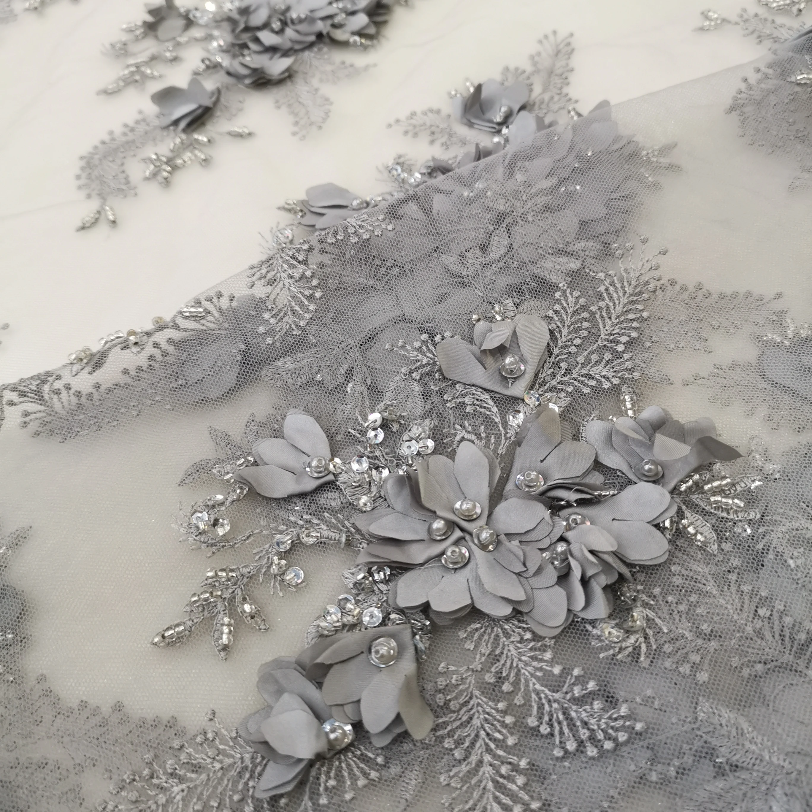 Серебряный/серый цвет 3d цветок ручной работы вышитый бисером кружевной ткани Африканский дизайн кружева Заводская цена 5 ярдов за лот