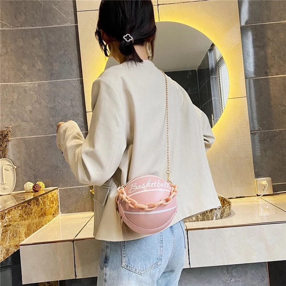 

Personality Female Leather Pink Basketball Bag 2020 New Ball Purses For Teenagers Women Shoulder Bags Crossbody Chain Hand Bags