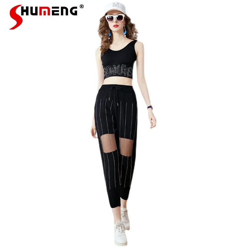

2021 Summer European Ladies Fashion Two-piece Suit Women Elegant High Waist Hot Rhinestone Vest Casual Hollow Knitted Trousers