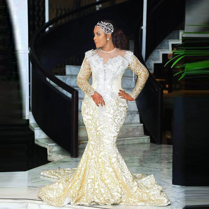 

Цельное кружевное свадебное платье Aso Ebi, блестящее платье с длинным рукавом и бахромой, свадебное платье с аппликацией из бисера, платье для...