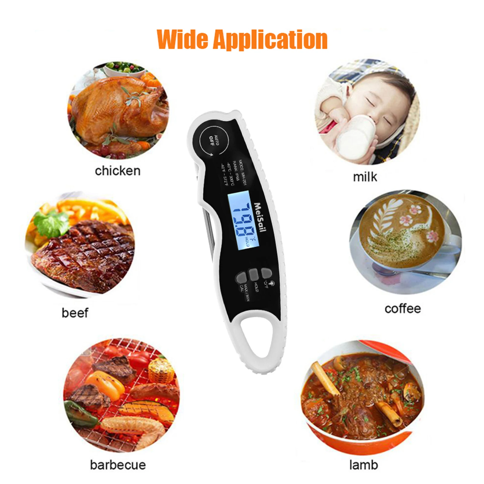 

Instant Read Food Thermometer LCD Backlight Auto Rotating / Switchable Data Lock IP67 Waterproof Digital Meat Thermometers