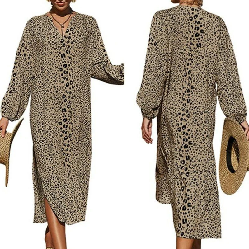 

Women Long Sleeve V Neck Printed Midi Dress Summer Beach Loose Casual Dresses