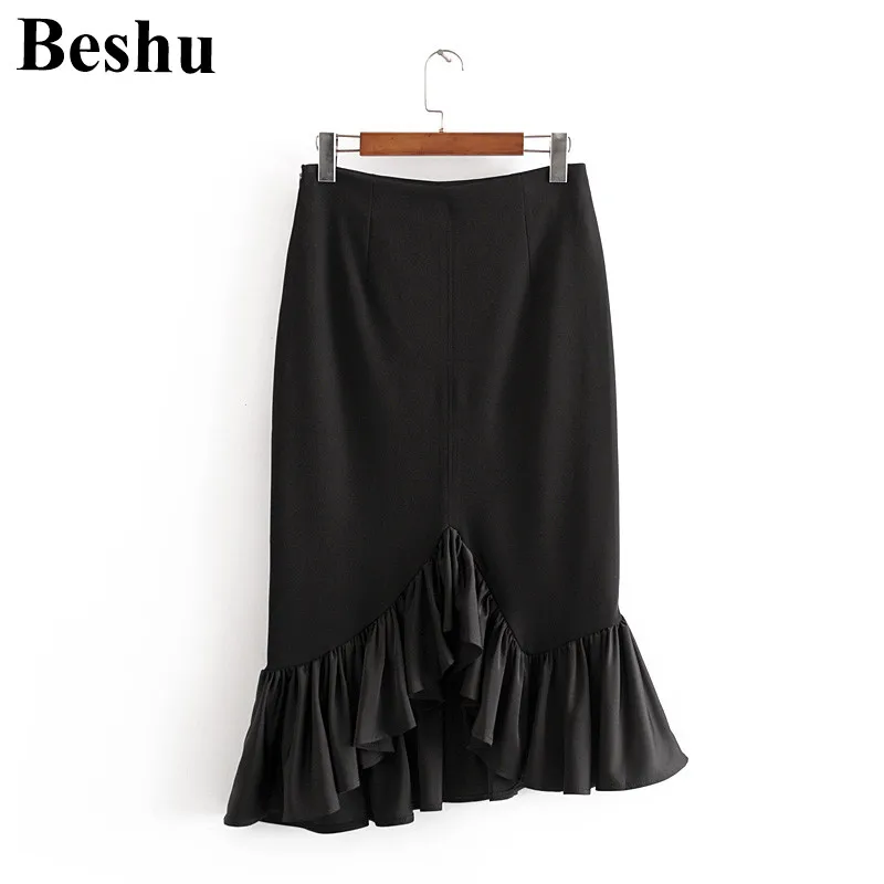 

Za 2020, модная женская черная сатиновая саржевая юбка на молнии, тонкая, нестандартная, рыбий хвост, юбка, женская, с оборками, высокая талия, эл...