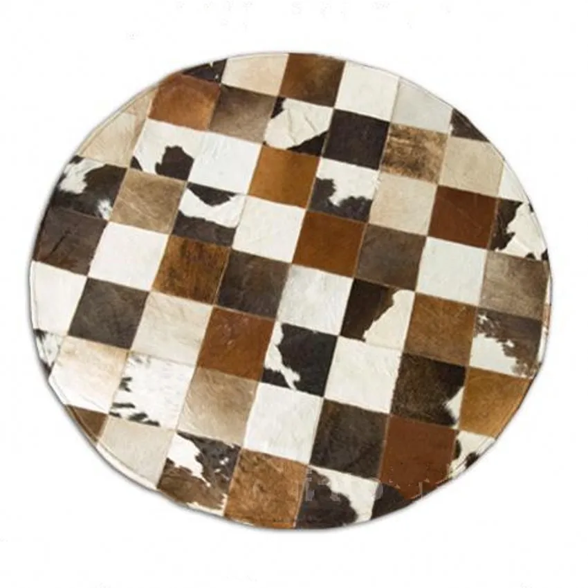 Роскошный круглый ковер из воловьей кожи со швами современный натуральный