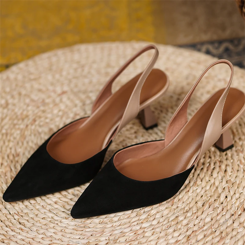 

Meotina Genuine Leather Slingback Shoes Kid Suede Thick High Heel Pointed Toe Pumps Elastic Band Ladies Footwear Apricot 33-40