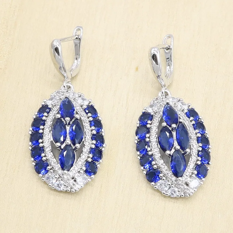 Темно-Синий Циркон Серебряный набор украшений для женщин браслет серьги