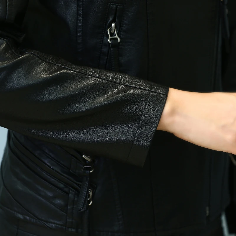 Женская кожаная куртка на молнии черная из искусственной кожи с отложным