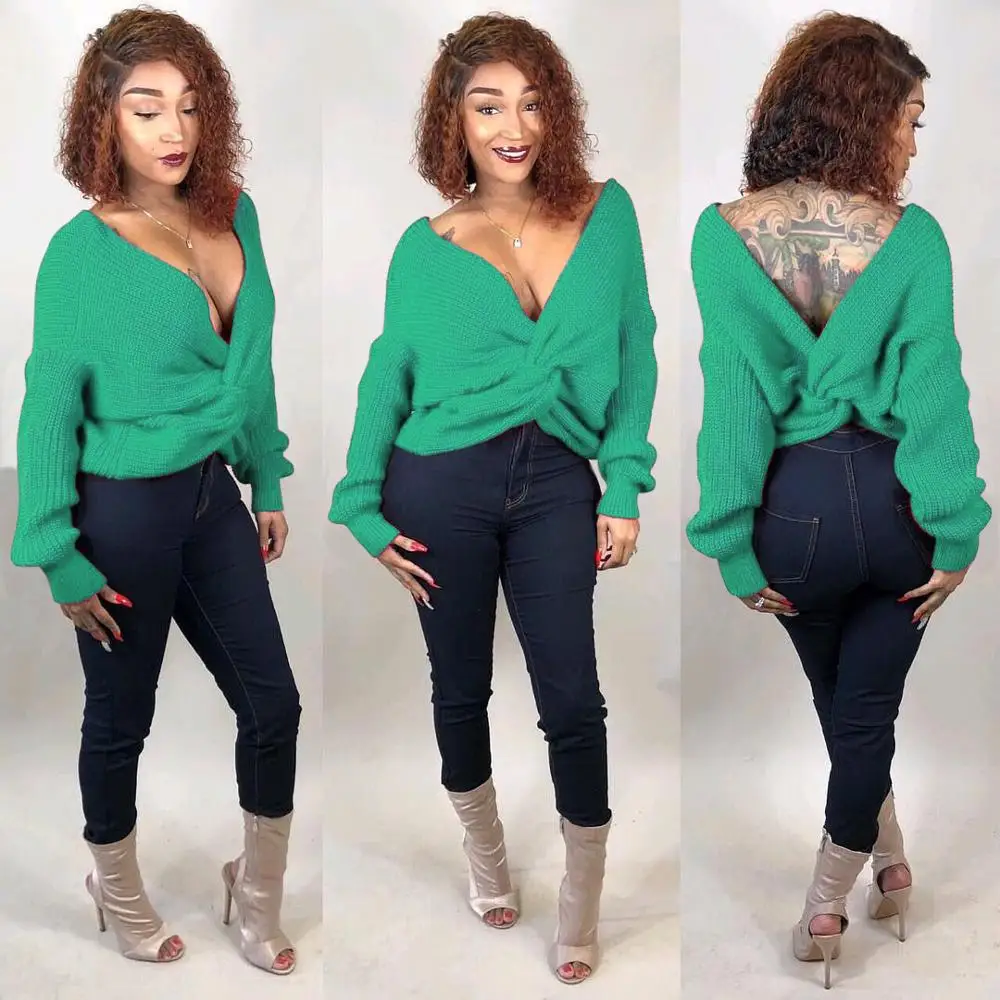 Женский шерстяной свитер AHVIT Однотонный с длинным рукавом и треугольным вырезом