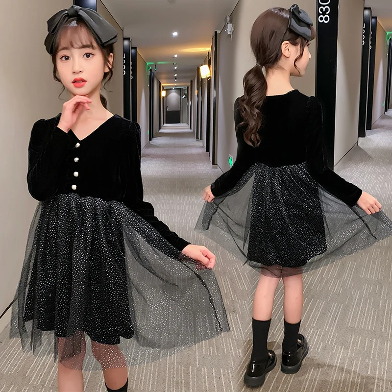 

Детское бархатное Сетчатое платье с V-образным вырезом, для подростков, весна-осень, 2021