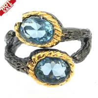 21x13mm sublime antique vintage created london blue topaz gift for ladies black gold silver rings