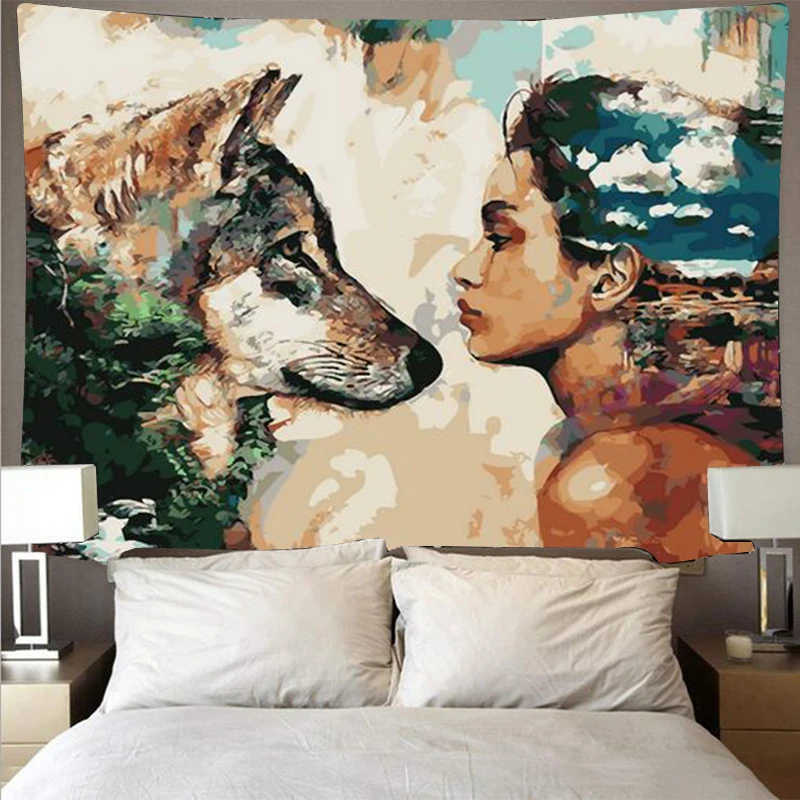 

Animal Wolf And Man Tapestry Cheap Hippie Wall Hanging Bohemian Wall Tapestry Mandala Wall Oil Painting Style Art Deco