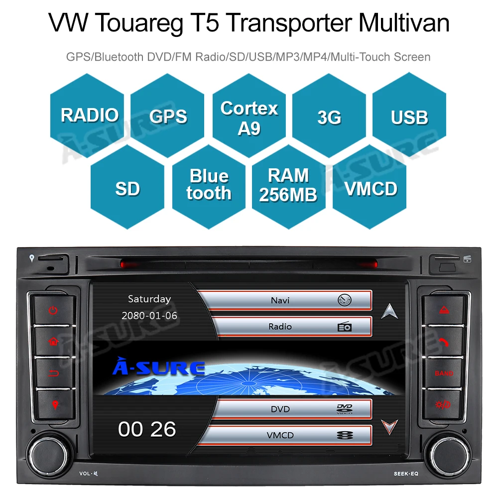 Автомобильный мультимедийный dvd плеер A Sure 2 Din 7 '' GPS навигация для Volkswagen VW Multivan