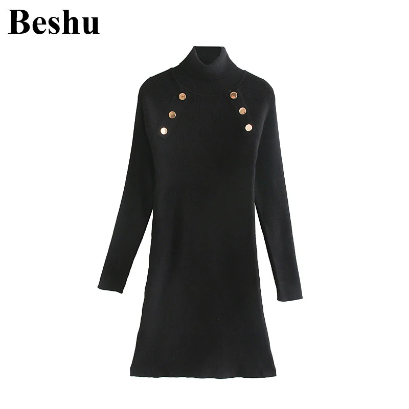 Za 2019 вязаное платье украшение на пуговицах черное женское элегантное мини с