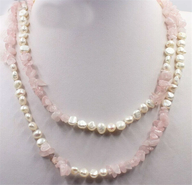 

HABITOO Fashion Natural 6-7mm White Freshwater Pearl Pink Quartz Stone Long Necklace 34 Inch Handmade Jewelry for Women Gifts