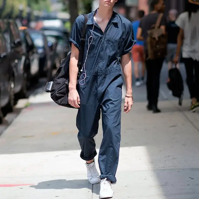 

2021 Cotton Blends Jumpsuit Mens Overalls Casual Notched Short Sleeve Rompers Solid Overall Zipper Romper Pocket Trousers Sets