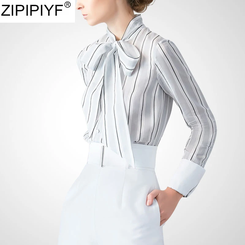 Street Elegant Office Wear Striped Slim Blouses Women 2020 Fashion Bow Tie Collar Long Sleeve Female Shirts Blusas Chic Tops