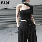 EAM 2022 Новинка Весна Лето круглый вырез короткий рукав открытая спина необычная короткая футболка женская мода JX391